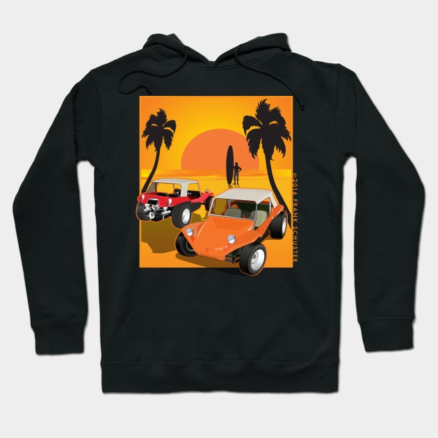 Red and Orange Dune Buggies on Beach w Sunset Hoodie by PauHanaDesign